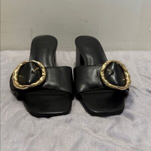 Elegant Black Women's Heeled Sandals with Gold Accent